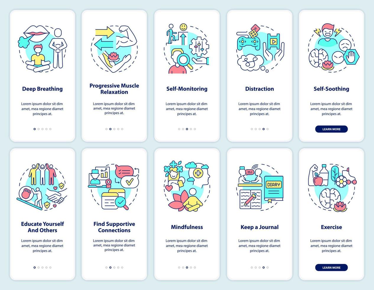 lidando com o conjunto de telas do aplicativo móvel de integração do ptsd. passo a passo de saúde mental 5 passos páginas de instruções gráficas com conceitos lineares. ui, ux, modelo de gui. vetor