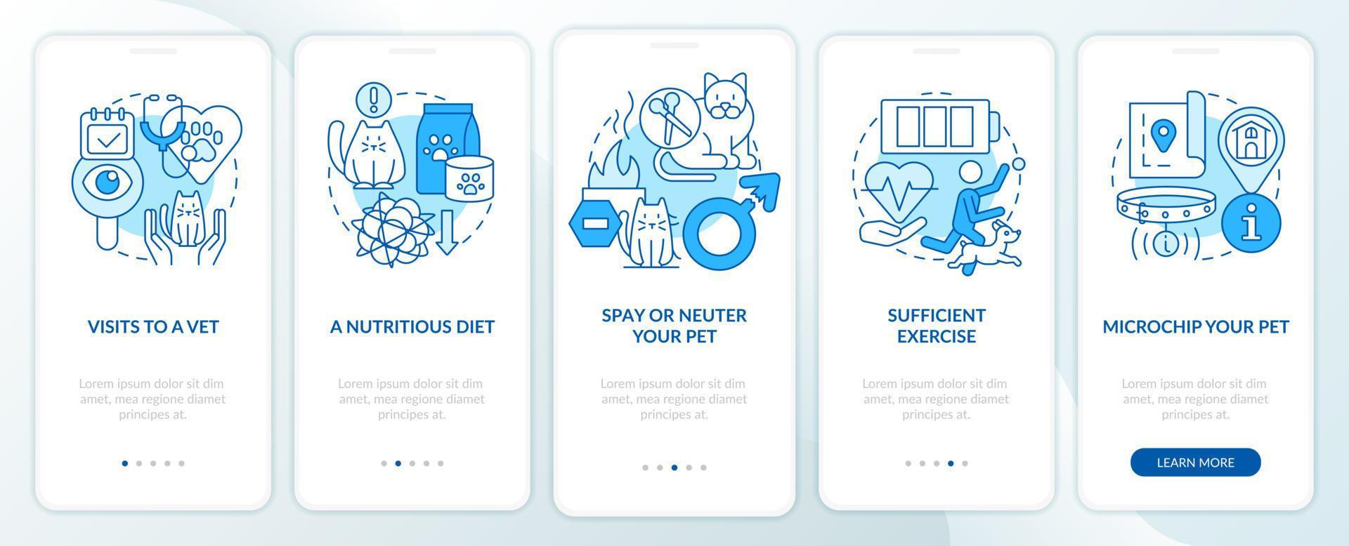 tela de aplicativo móvel de integração azul de rotina adequada de cuidados com animais de estimação. microchip passo a passo 5 passos páginas de instruções gráficas com conceitos lineares. ui, ux, modelo de gui vetor