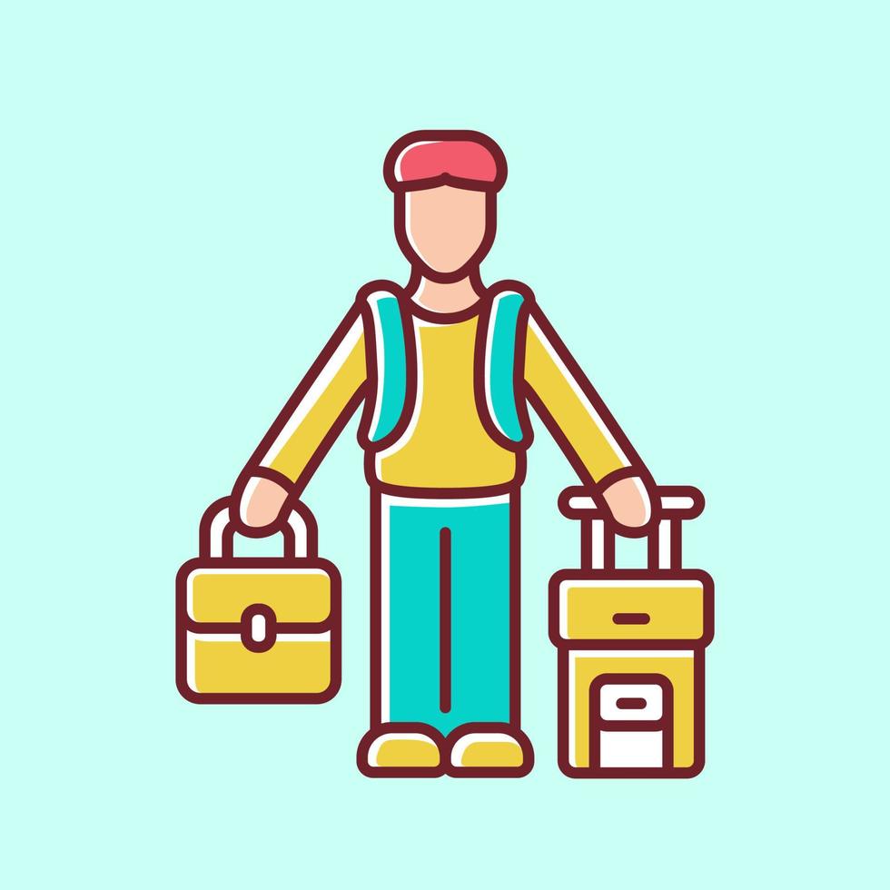 ícone de cor amarela do homem imigrante. refugiado com mala e mochila. viajando para o exterior. viagem solo, férias, turismo. equipamento de viagem. imigração. ilustração vetorial isolada vetor