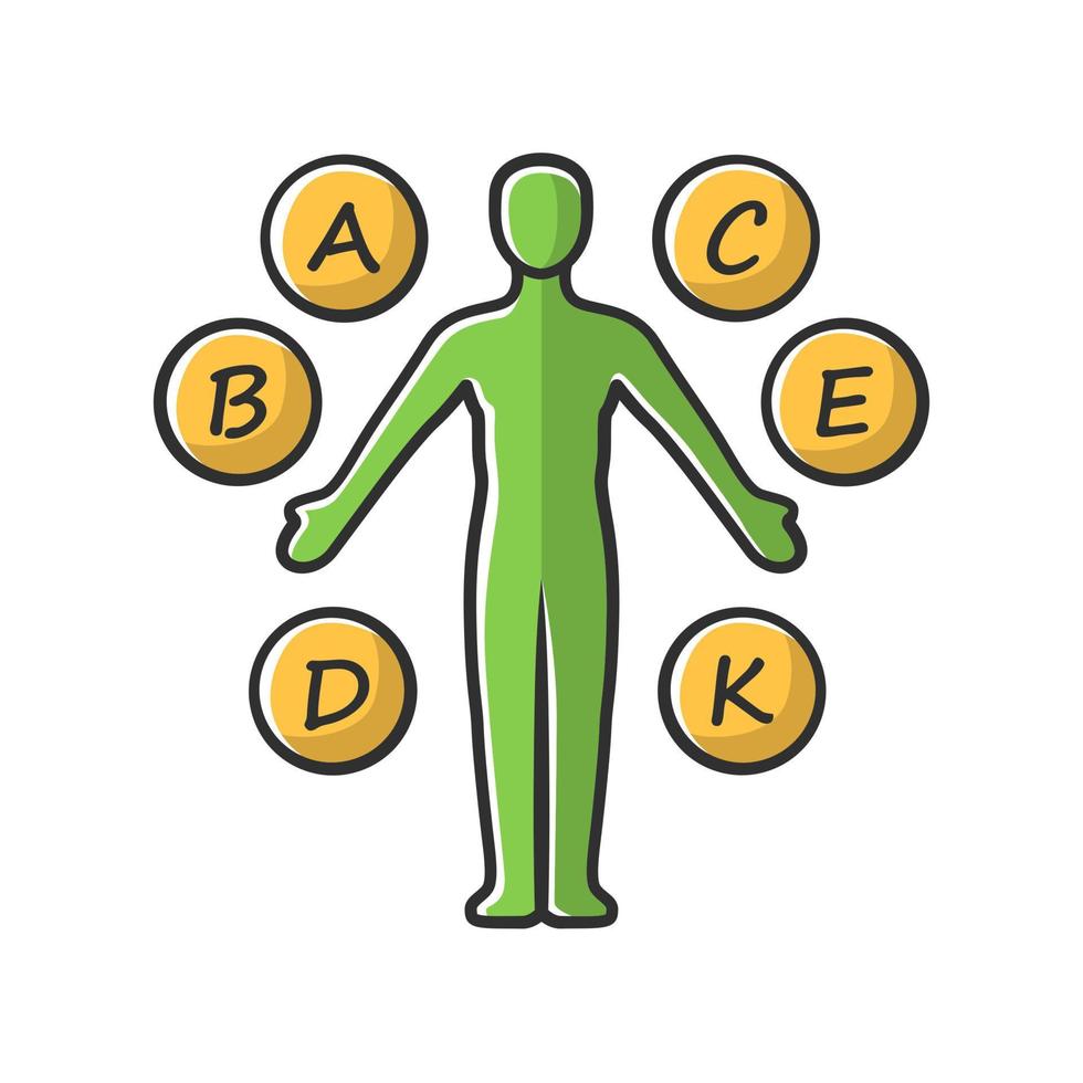 vitaminas do corpo verde, ícone de cor amarela. a, b, c, d, e, k multivitaminas. minerais vitais e antioxidantes. saúde e medicina. ilustração vetorial isolada vetor