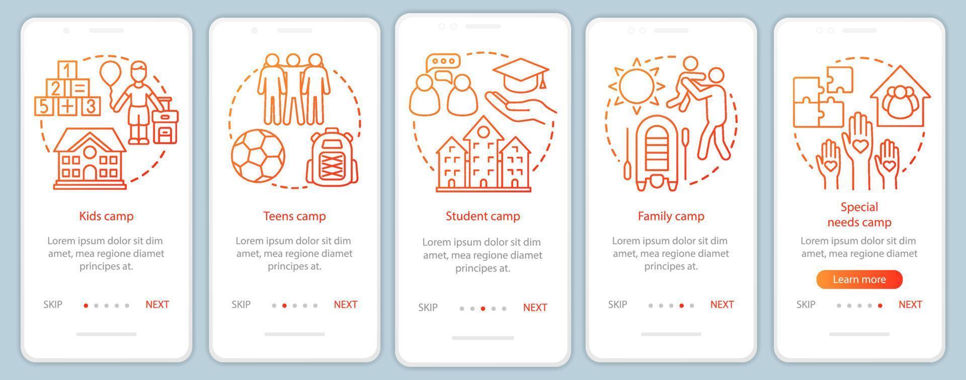 acampamentos infantis integrando o modelo de vetor de tela de página de aplicativo móvel. crianças e férias em família. Passo a passo do site com ilustrações lineares. ux, ui, gui conceito de interface de smartphone