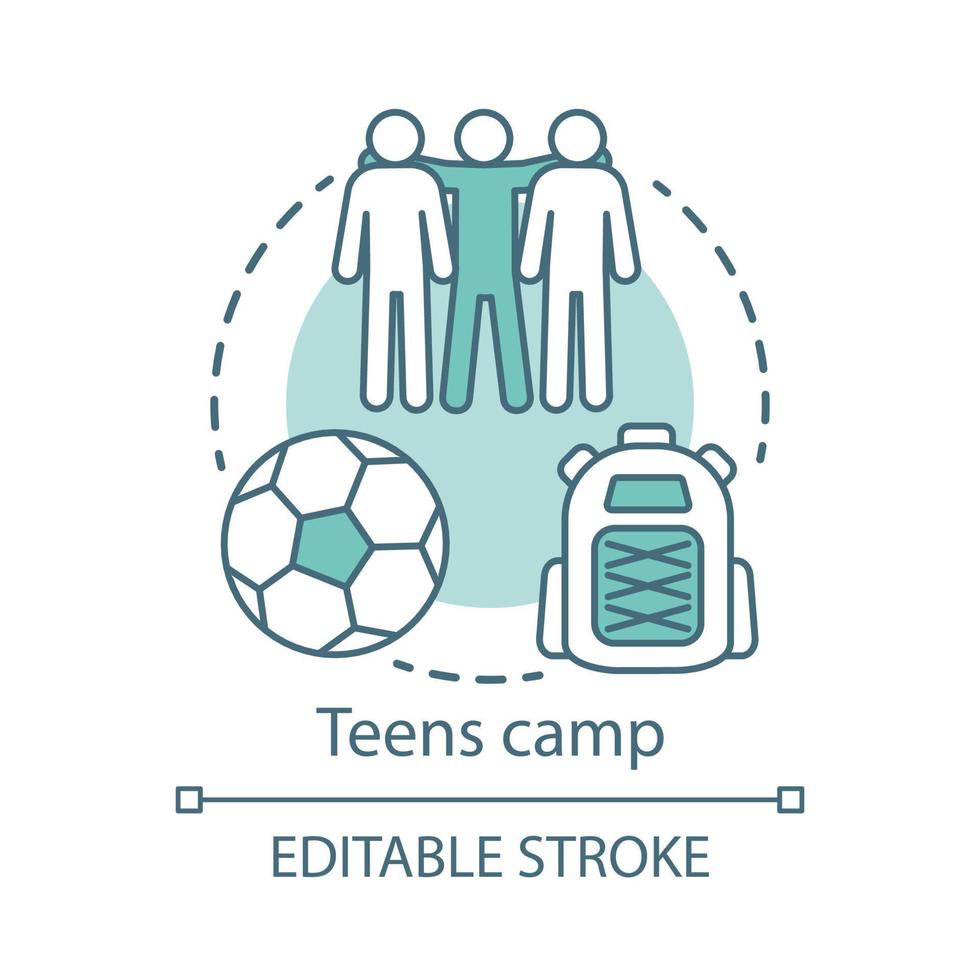 ícone do conceito de acampamento de adolescentes. clube de jovens de verão, ilustração de linha fina de ideia de comunidade. resort de férias de adolescente. esportes após instalação escolar. desenho de contorno isolado do vetor. curso editável vetor