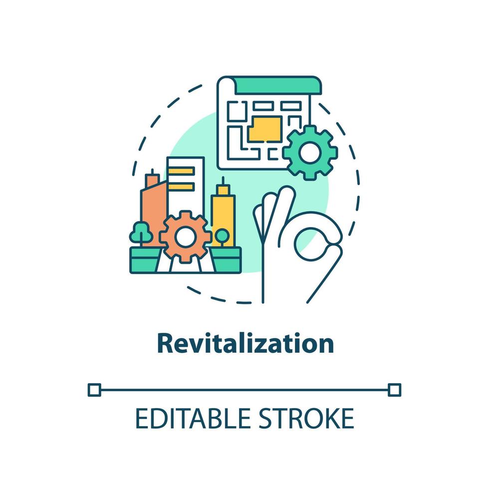 ícone do conceito de revitalização. renovação urbana. patrimônio objetos preservação tipo idéia abstrata ilustração de linha fina. desenho de contorno isolado. traço editável. vetor
