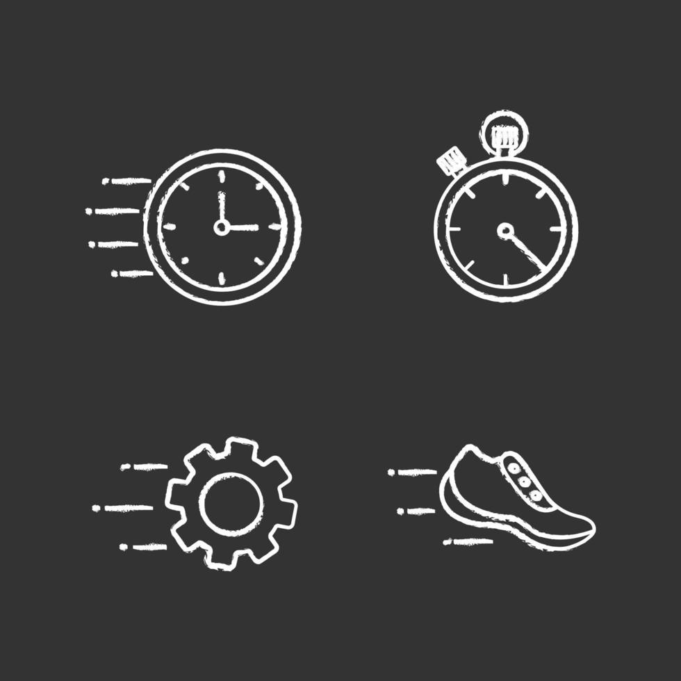 conjunto de ícones de giz de movimento. Rapidez. relógio voador, cronômetro, equipamento, tênis. ilustrações de quadro-negro vetoriais isolados vetor