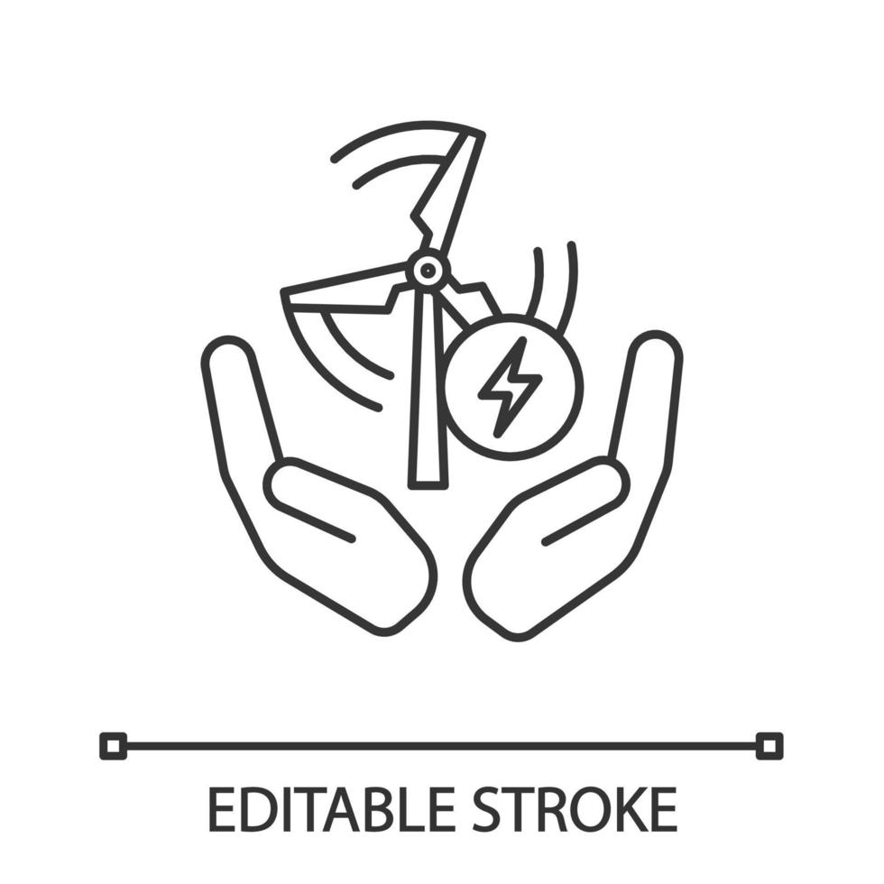 turbina de energia eólica no ícone linear de mãos. energia limpa. ilustração de linha fina. fonte renovável. símbolo de contorno. desenho de contorno isolado de vetor. traço editável vetor
