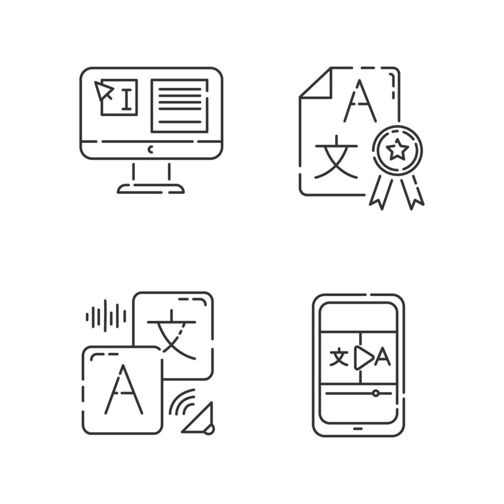 conjunto de ícones lineares de tradução automática. tradutor de áudio e vídeo. edição de texto. tradução juramentada, serviços de dtp. símbolos de contorno de linha fina. ilustrações de contorno de vetor isolado. traço editável