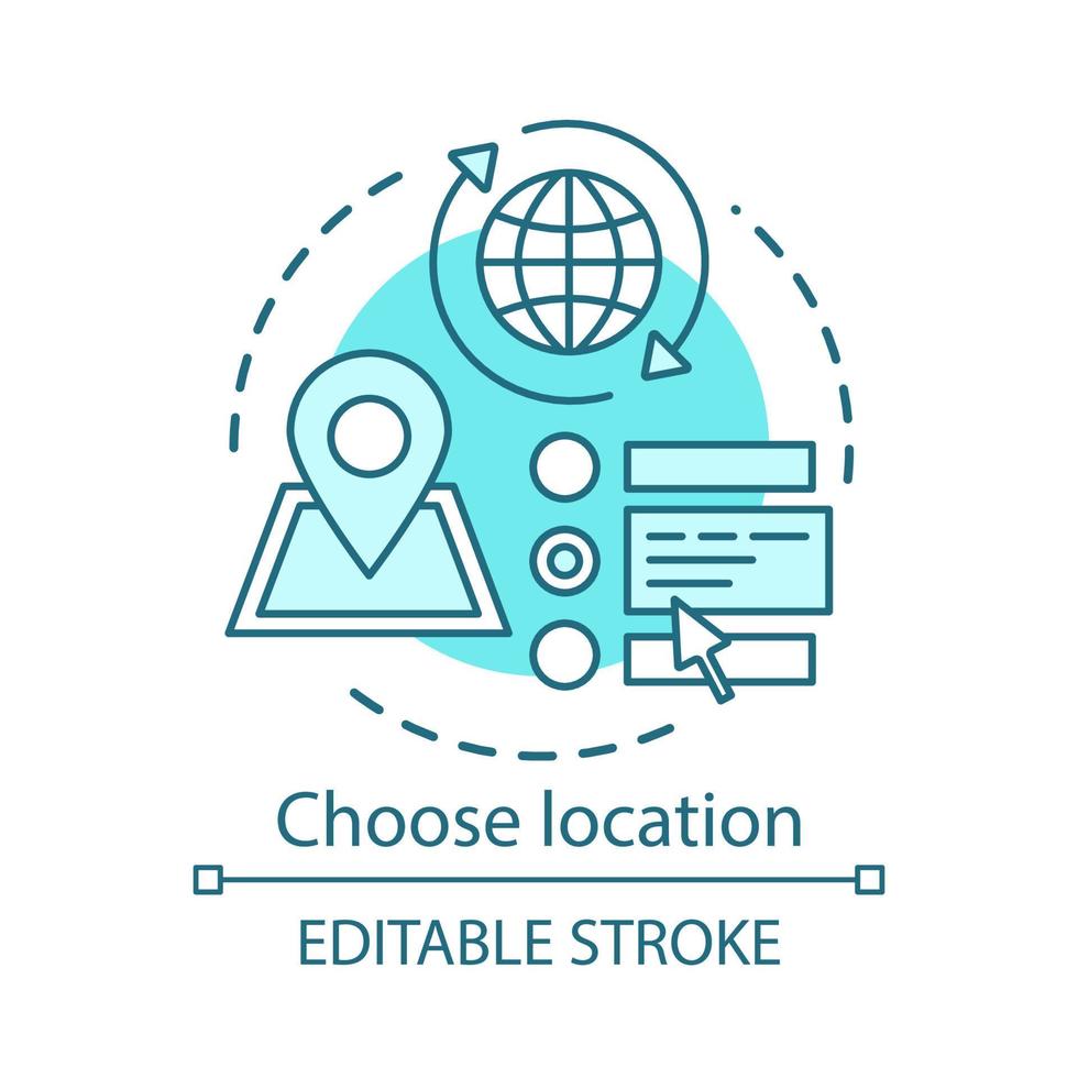 escolha o ícone do conceito de localização. planejando ilustração de linha fina de ideia de destino de viagem. escolha da rota. pesquisando local. indicador de endereço. desenho de contorno isolado de vetor. traço editável vetor