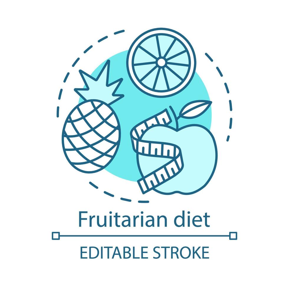 dieta frutariana, ícone do conceito de estilo de vida vegano. ilustração de linha fina de ideia de nutrição vegetariana. frutas orgânicas. maçã fresca, abacaxi e laranja vector desenho de contorno isolado. traço editável