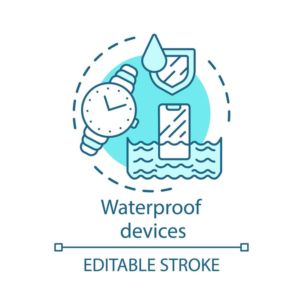 ícone do conceito de gadgets à prova d'água. dispositivos resistentes à água ideia ilustração de linha fina. proteção contra umidade para relógios, smartphones, eletrônicos. desenho de contorno isolado de vetor. traço editável vetor