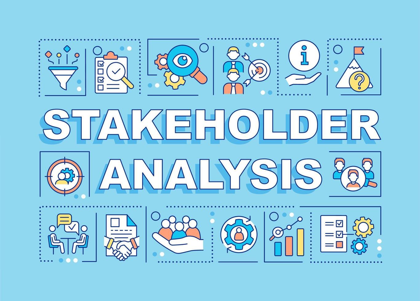 bandeira azul dos conceitos da palavra da análise das partes interessadas. potenciais parceiros. infográficos com ícones na cor de fundo. tipografia isolada. ilustração vetorial com texto. vetor