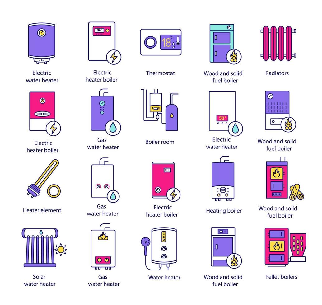 conjunto de ícones de cores de aquecimento. caldeiras, radiadores, termostato. gás, elétrico, combustível sólido, pellet, caldeiras solares. sistemas de aquecimento central comercial, industrial e doméstico. ilustrações vetoriais isoladas vetor