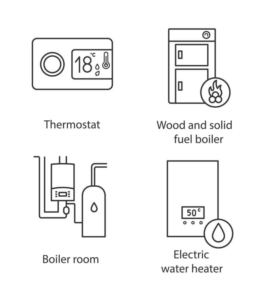 conjunto de ícones lineares de aquecimento. termostato digital, caldeira de combustível sólido, sala de caldeiras, aquecedor elétrico de água. símbolos de contorno de linha fina. ilustrações de contorno de vetor isolado. traço editável