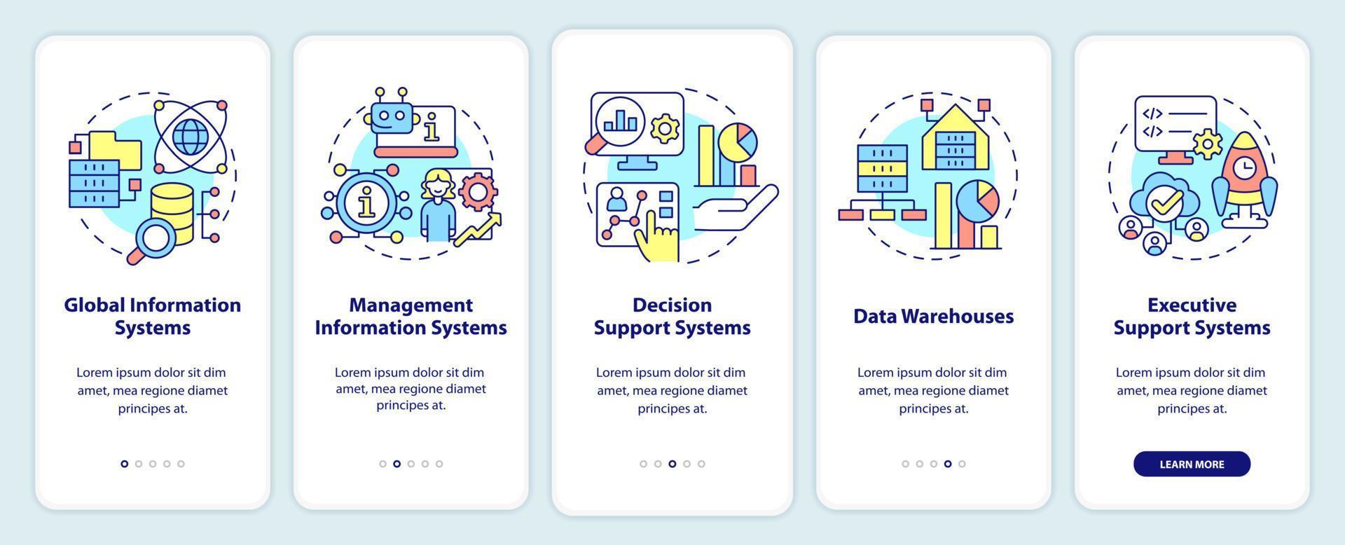 principais tipos de sistemas de informação que integram a tela do aplicativo móvel. passo a passo de gerenciamento 5 passos páginas de instruções gráficas com conceitos lineares. ui, ux, modelo de gui. vetor