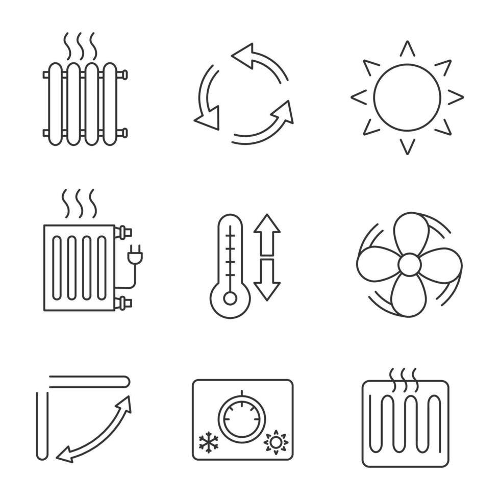 conjunto de ícones lineares de ar condicionado. radiadores, ventilação, sol, controle climático, exaustor, persiana condicionadora, termostato, termômetro. ilustrações de contorno de vetor isolado. traço editável