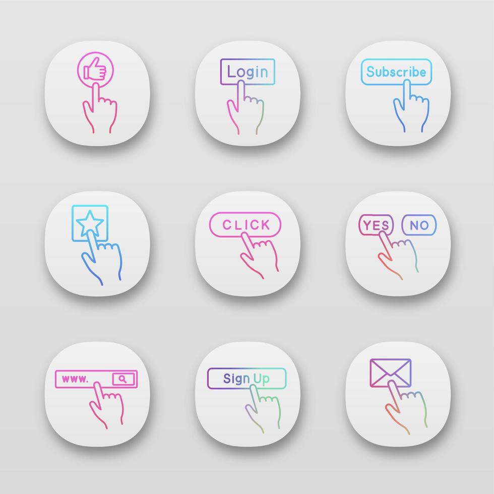 clique em conjunto de ícones de aplicativos. curtir, fazer login, inscrever-se, adicionar aos favoritos, sim ou não, barra de pesquisa, inscrever-se, enviar mensagem. interface de usuário ui ux. web ou aplicativos móveis. ilustrações vetoriais isoladas vetor