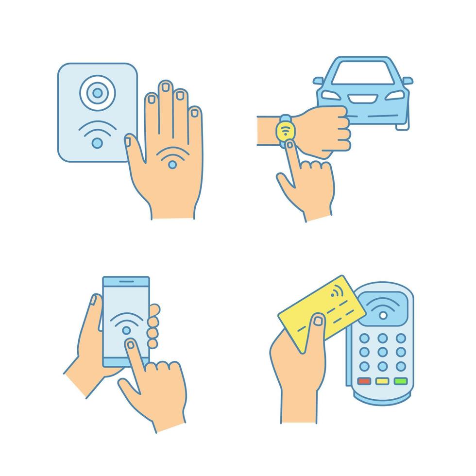 Conjunto de ícones de cores de tecnologia nfc. smartphone de campo próximo, carro e pulseira, terminal de pagamento, leitor. ilustrações vetoriais isoladas vetor