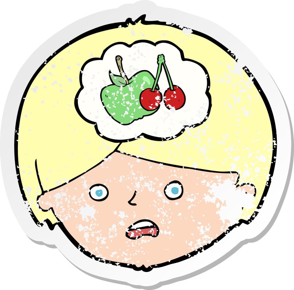adesivo retrô angustiado de um homem de desenho animado pensando em alimentação saudável vetor