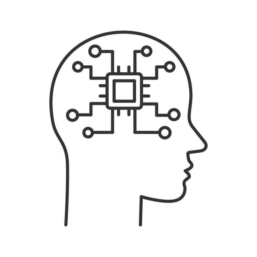 ícone linear de inteligência artificial. robô. cabeça humana com rede digital de chip. ilustração de linha fina. robótica. símbolo de contorno. desenho de contorno isolado de vetor. traço editável vetor