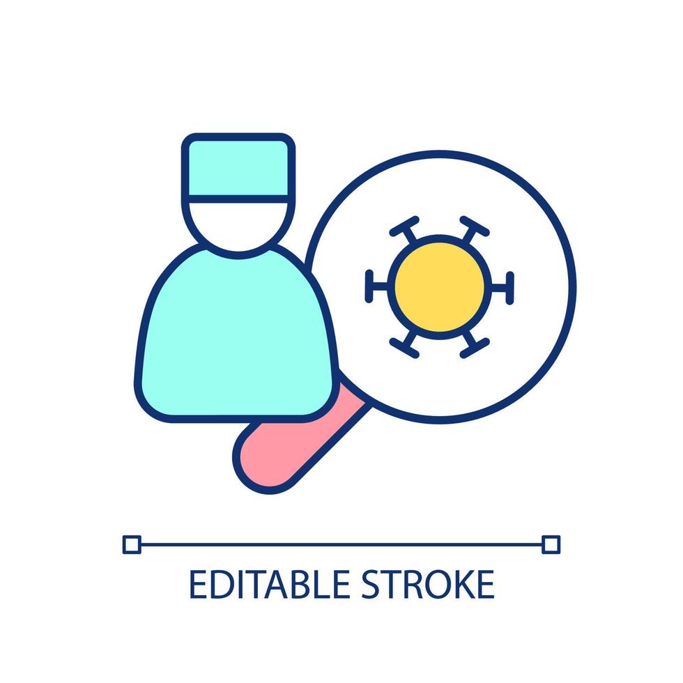 vírus pesquisando no ícone de cor rgb do laboratório médico. saúde e ciência. médico estudando doença. ilustração vetorial isolado. desenho de linha preenchido simples. traço editável. vetor