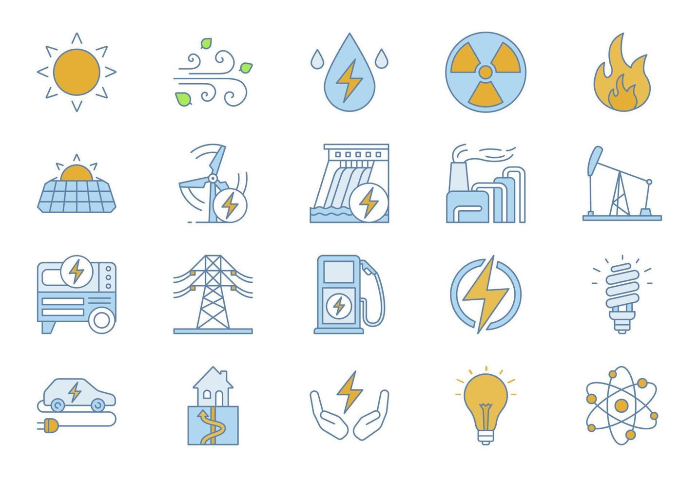 conjunto de ícones de cor de energia elétrica. eletricidade. geração e acumulação de energia. indústria de energia elétrica. recursos energéticos alternativos. ilustrações vetoriais isoladas vetor