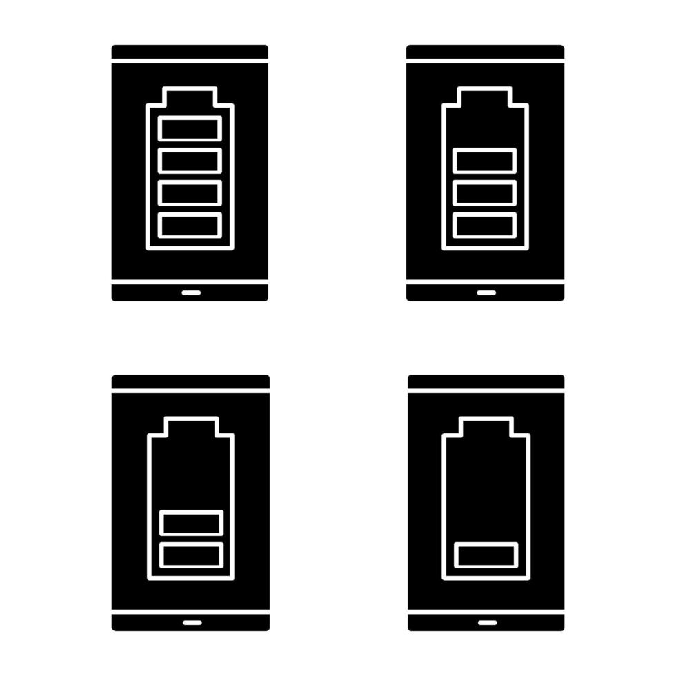 conjunto de ícones de glifo de carregamento de bateria de smartphone. indicador de nível de bateria do telefone móvel. carga média, baixa e alta. símbolos de silhueta. ilustração isolada do vetor