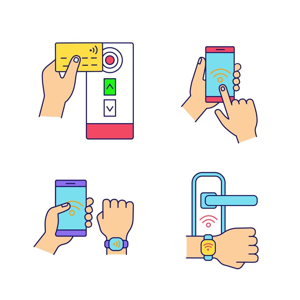 Conjunto de ícones de cores de tecnologia nfc. leitor de cartão de crédito de campo próximo, smartphone, pulseira, fechadura da porta. ilustrações vetoriais isoladas vetor