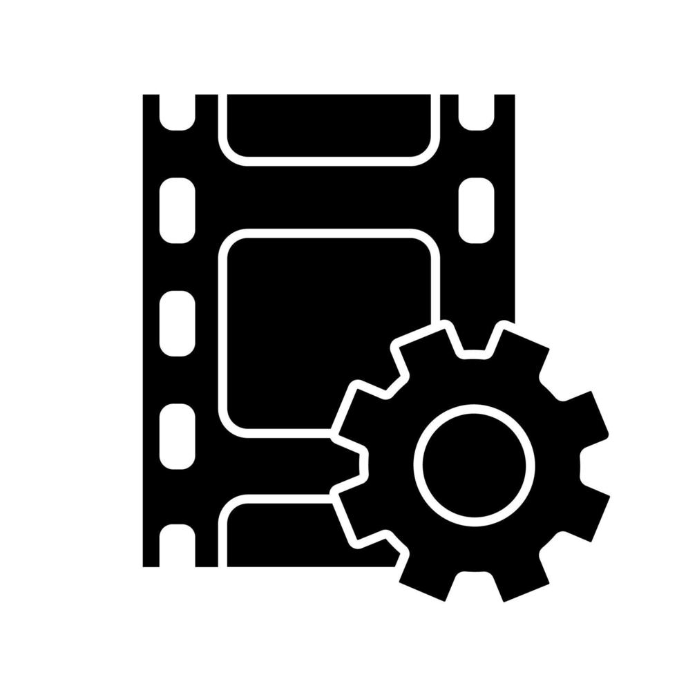 ícone de glifo de configurações de vídeo. tira de filme com roda dentada. fazendo um filme. opções de reprodutor multimídia. símbolo de silhueta. espaço negativo. ilustração vetorial isolada vetor