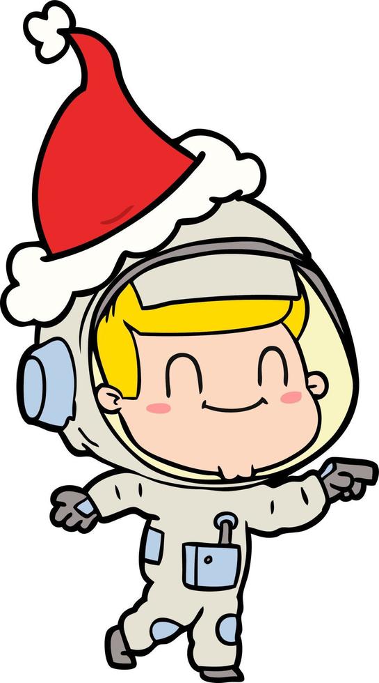 desenho de linha feliz de um homem astronauta usando chapéu de papai noel vetor