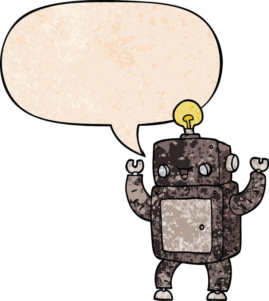 desenho animado robô feliz e bolha de fala no estilo de textura retrô vetor