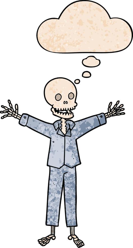 esqueleto de desenho animado vestindo pijama e balão de pensamento no estilo de padrão de textura grunge vetor