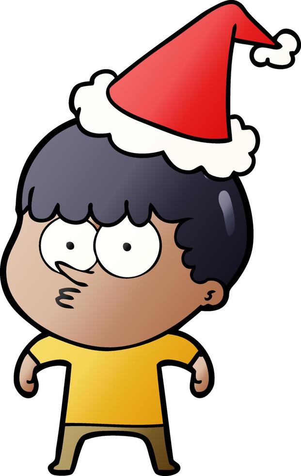 desenho de gradiente de um menino curioso usando chapéu de papai noel vetor