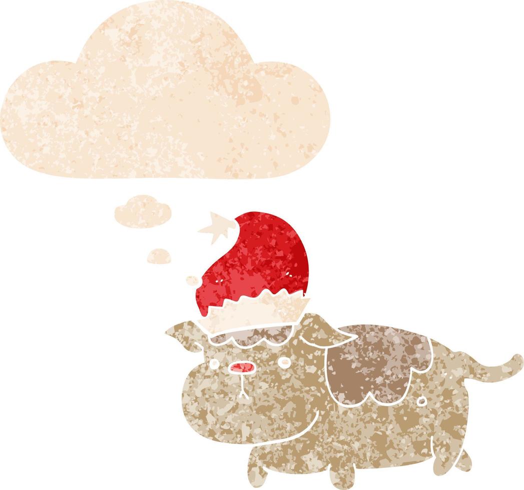 lindo cachorro de natal e balão de pensamento em estilo retrô texturizado vetor