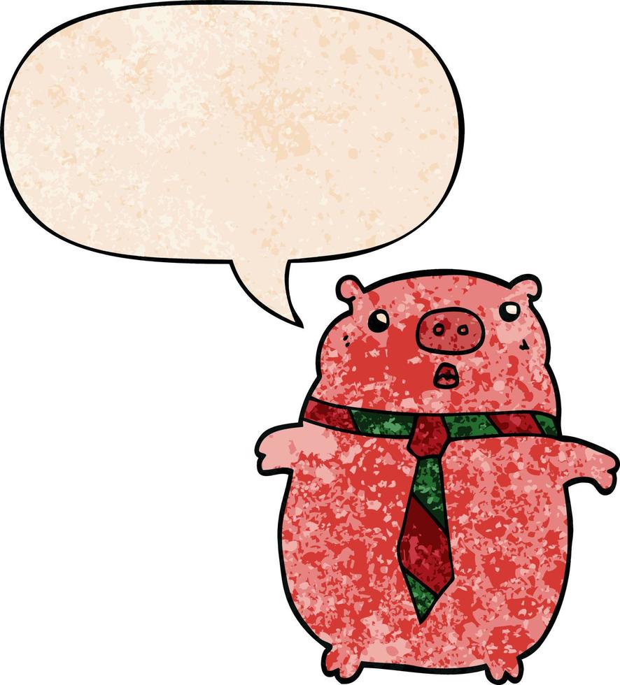 porco dos desenhos animados usando gravata de escritório e bolha de fala no estilo de textura retrô vetor