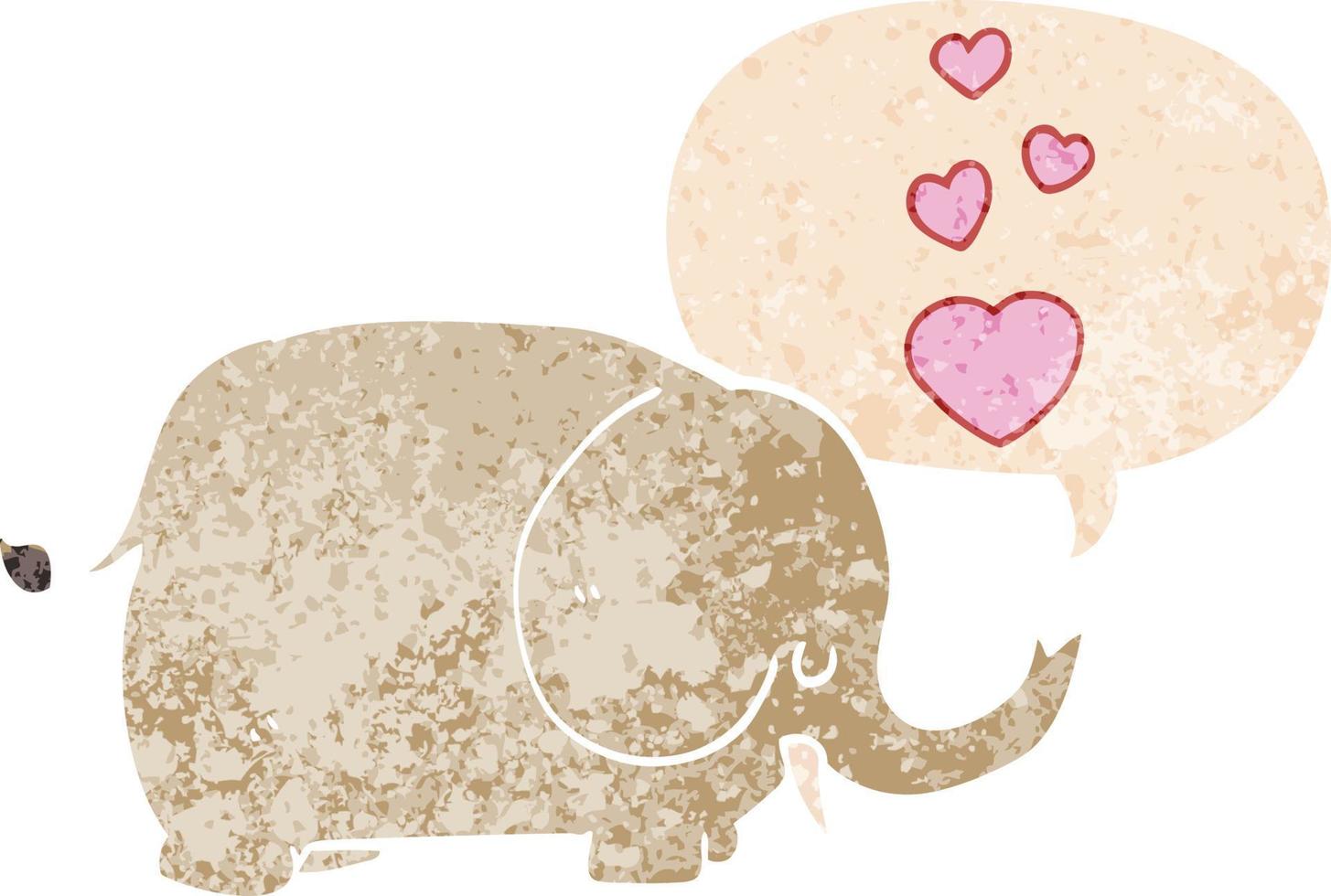 elefante bonito dos desenhos animados com corações de amor e bolha de fala em estilo retrô-texturizado vetor