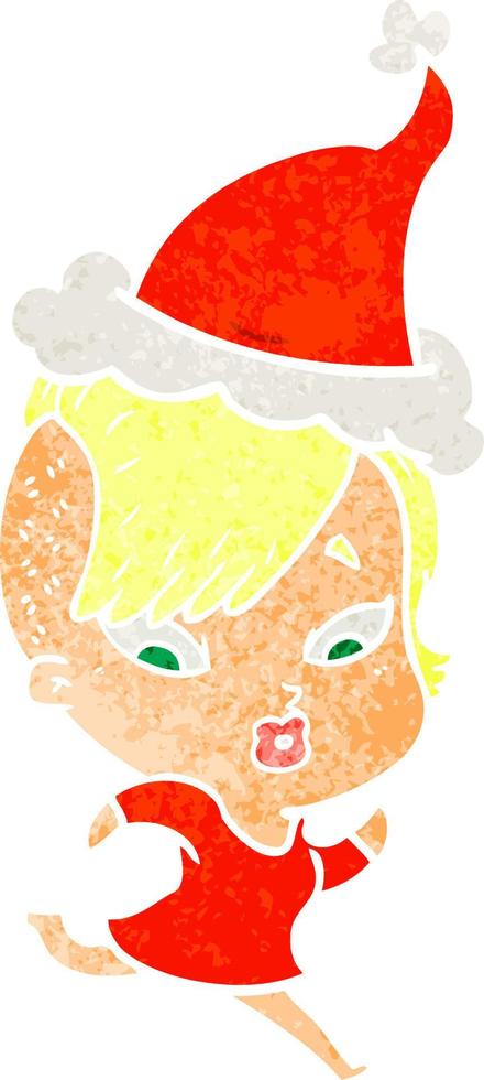 desenho retrô de uma garota surpresa usando chapéu de papai noel vetor