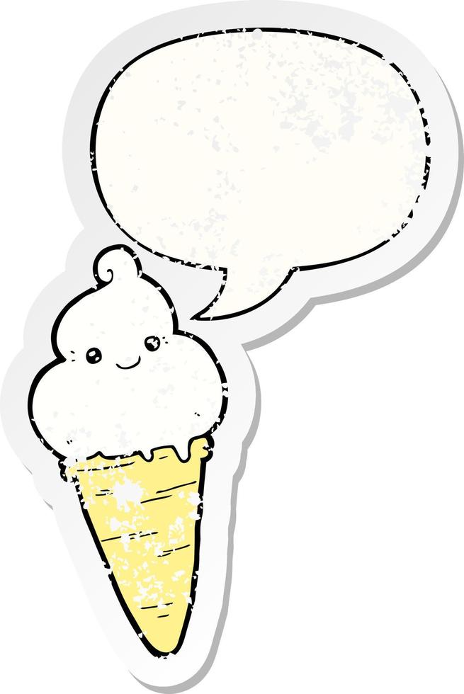 sorvete de desenho animado e adesivo angustiado de bolha de fala vetor