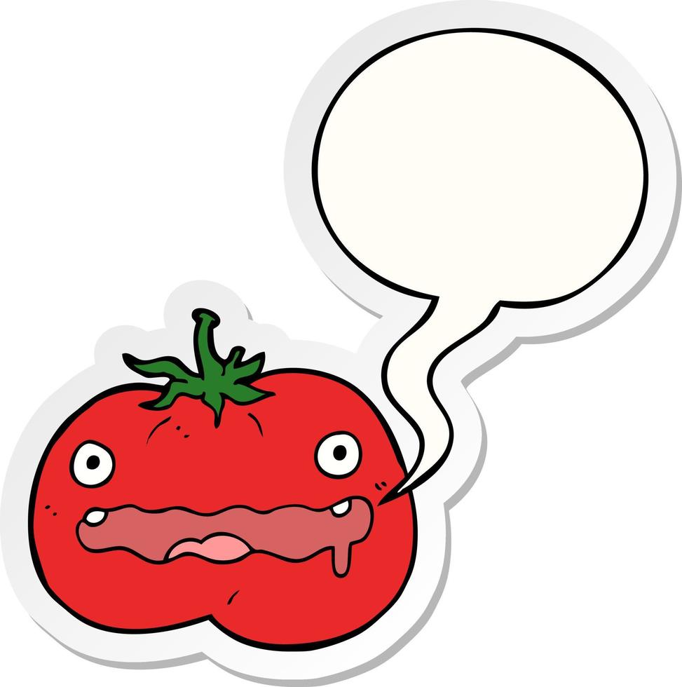 adesivo de bolha de fala e tomate de desenho animado vetor
