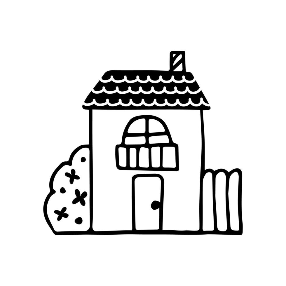 casa de campo desenho linear isolado. pequena casa com janela, porta, varanda e arbustos. rabiscos fofos. ilustração vetorial desenhada à mão em estilo cartoon. vetor