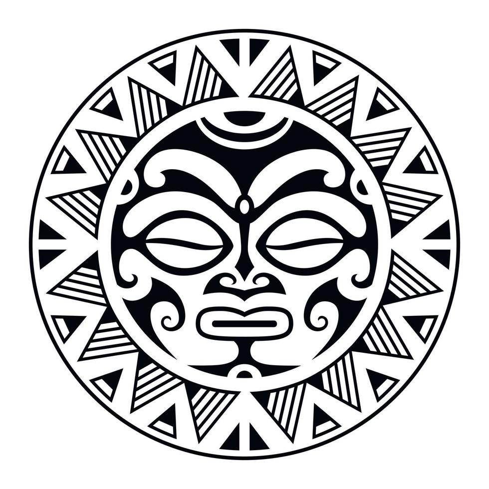 ornamento de tatuagem redonda com estilo maori de rosto de sol. máscara étnica africana, asteca ou maia. vetor