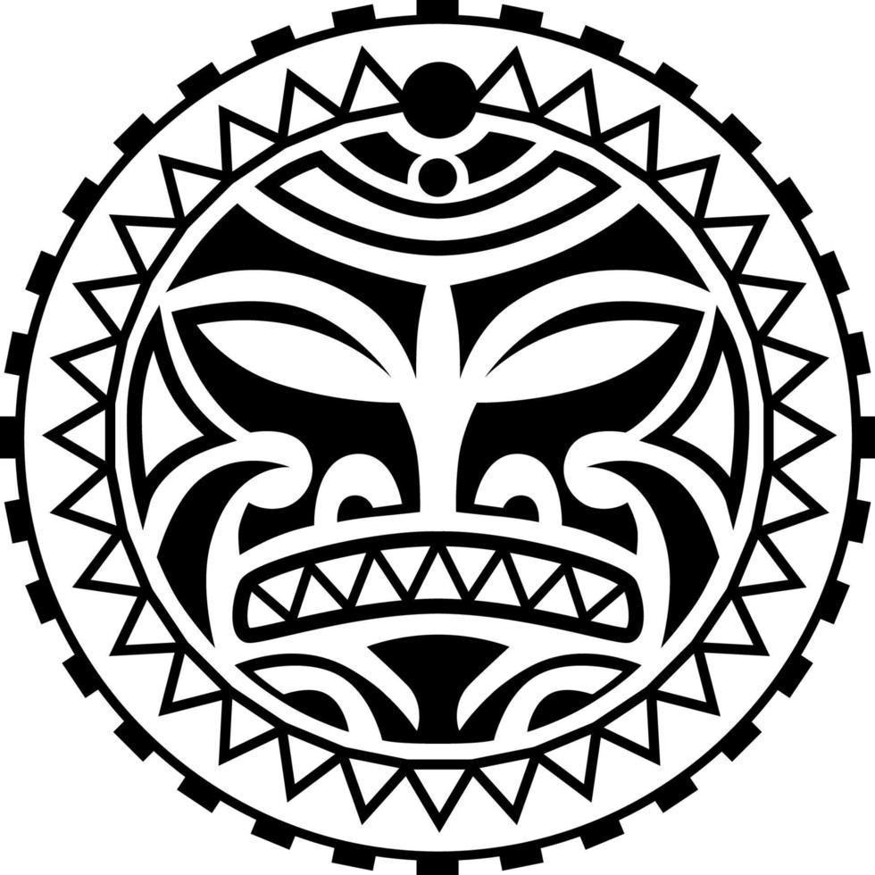 ornamento de tatuagem redonda com estilo maori de rosto de sol. máscara étnica africana, asteca ou maia. vetor