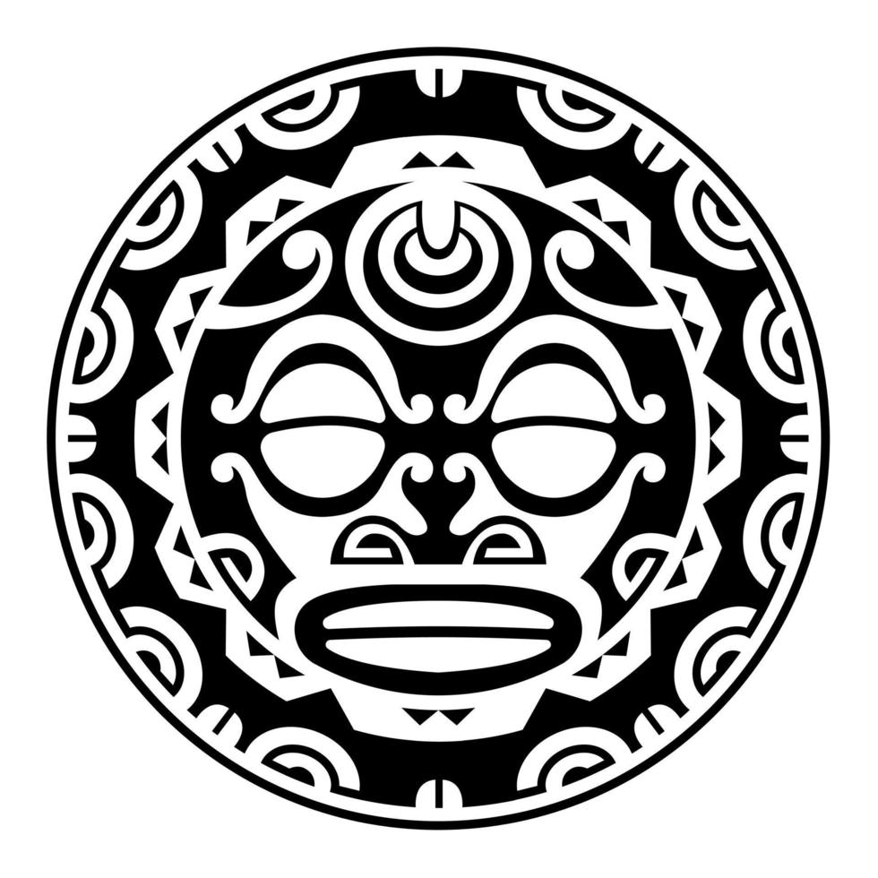 ornamento de tatuagem redonda com estilo maori de rosto de sol. máscara étnica africana, asteca ou maia. vetor