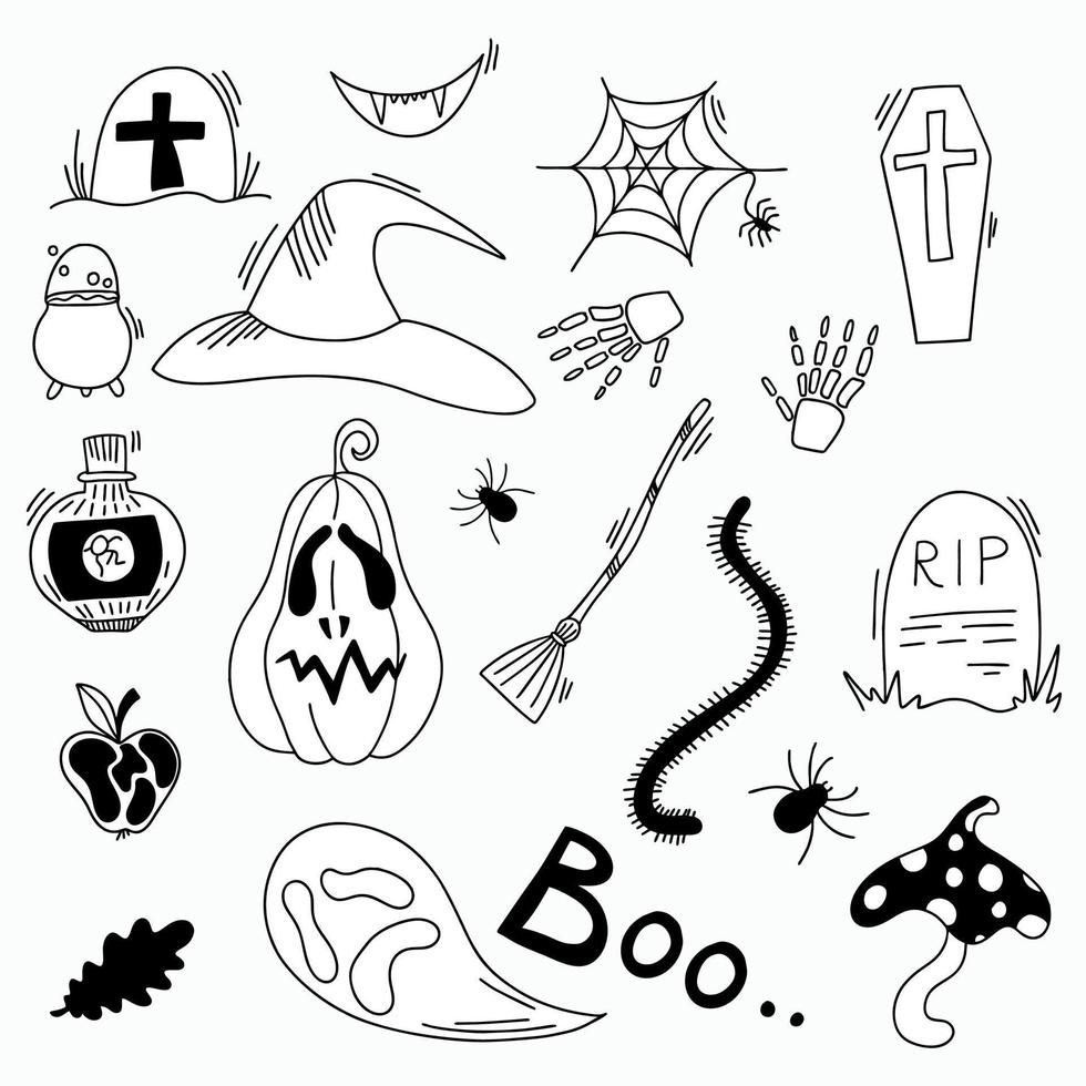 um conjunto de elementos de doodle para o halloween. um conjunto de objetos em um fundo branco. vetor