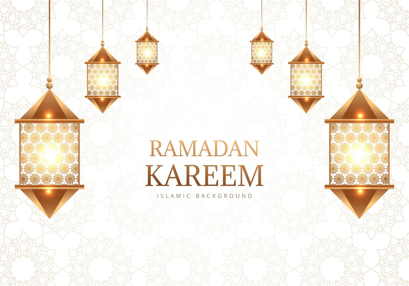 lâmpadas árabes decorativas de ramadan kareem no padrão branco vetor