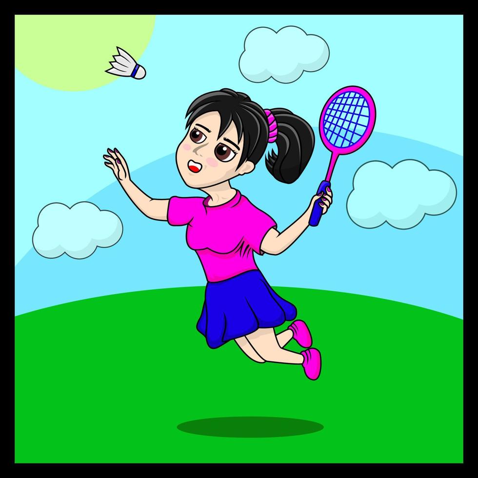 personagem fofa, vetor de uma mulher jogando badminton, adequado para banners, livros infantis e etc