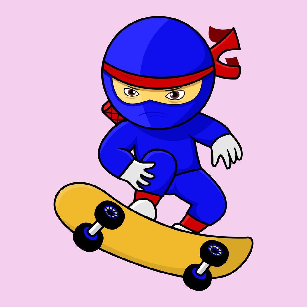 personagem fofo, ninja jogando skate, adequado para flayer, banner, logotipo, camiseta e outras necessidades vetor