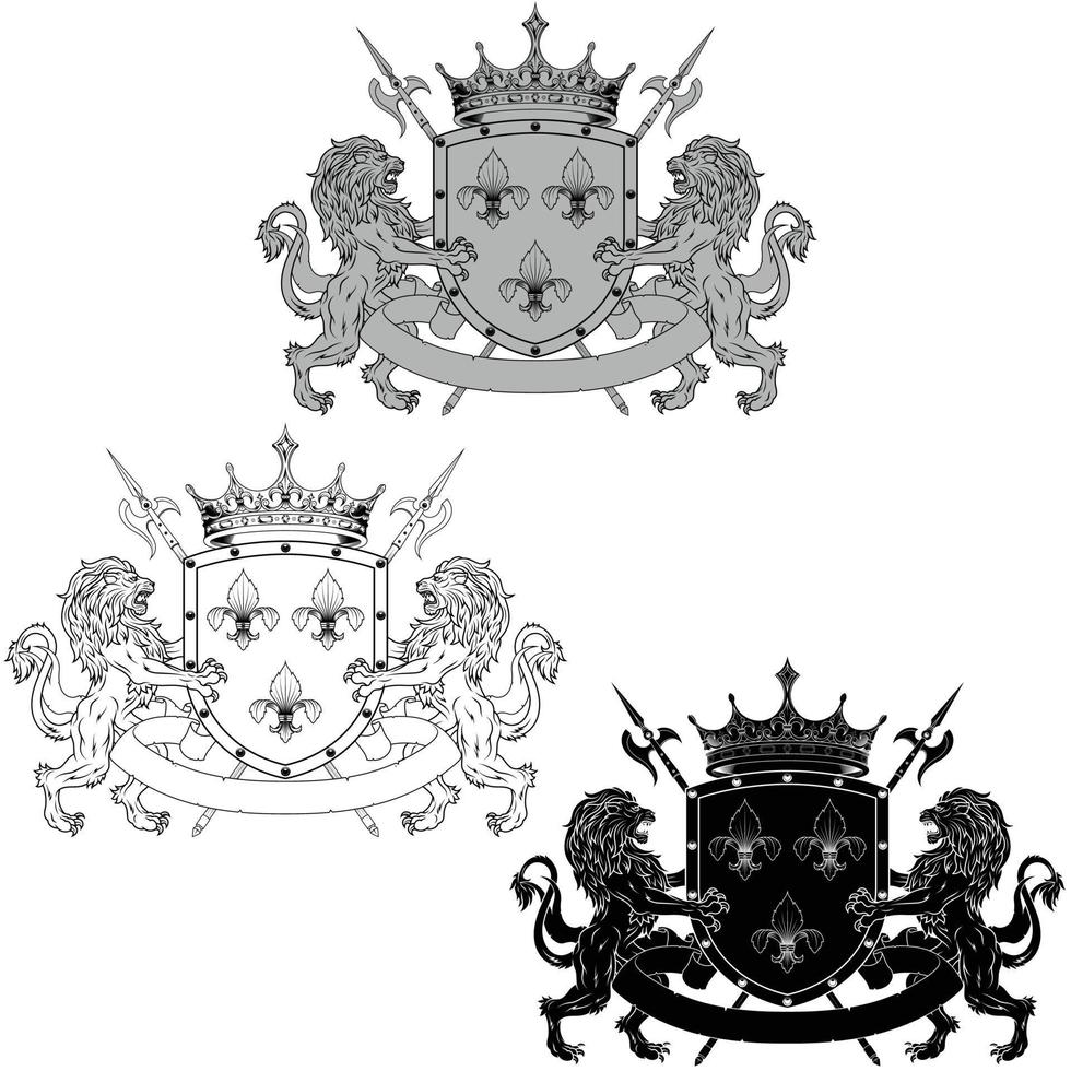 escudo heráldico coroado com três flores-de-lis prateadas, ladeado por dois leões e alabardas desenfreados vetor