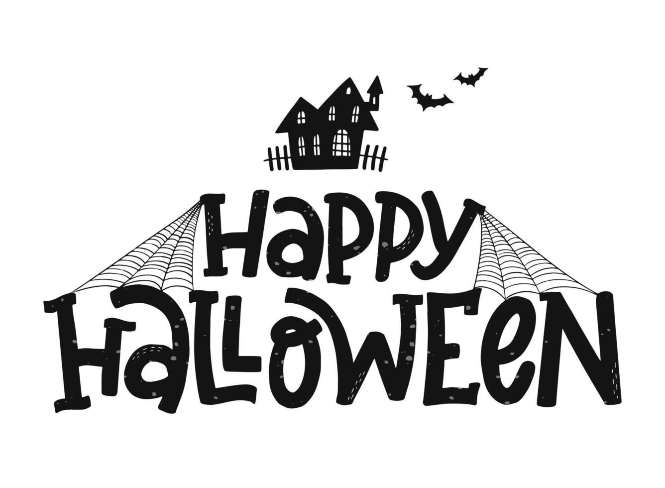 feliz citação de tipografia de halloween decorada com teia de aranha e rabiscos em fundo branco. bom para cartazes, cartões, gravuras, convites, banners, sinais, etc. eps 10 vetor