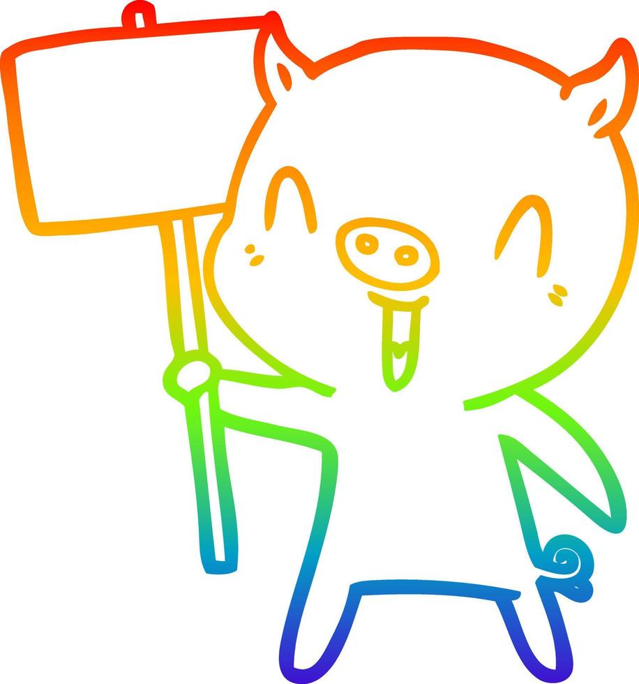 linha de gradiente de arco-íris desenhando porco de desenho animado feliz com poste de sinal vetor