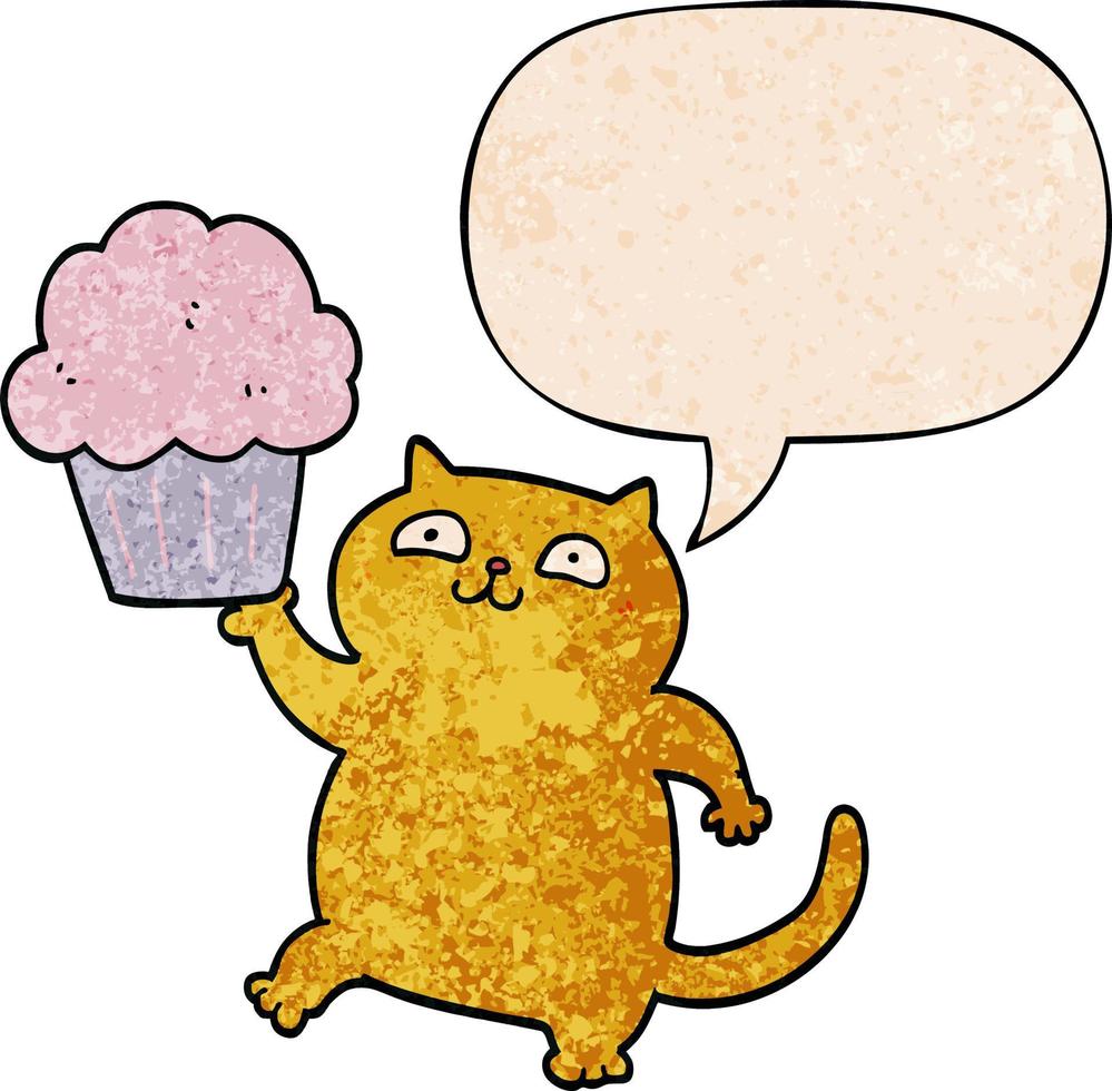 gato de desenho animado e cupcake e bolha de fala no estilo de textura retrô vetor