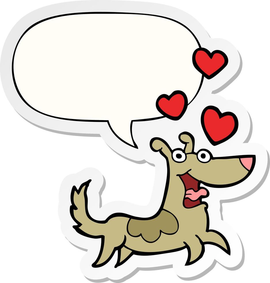 cão dos desenhos animados e corações de amor e adesivo de bolha de fala vetor